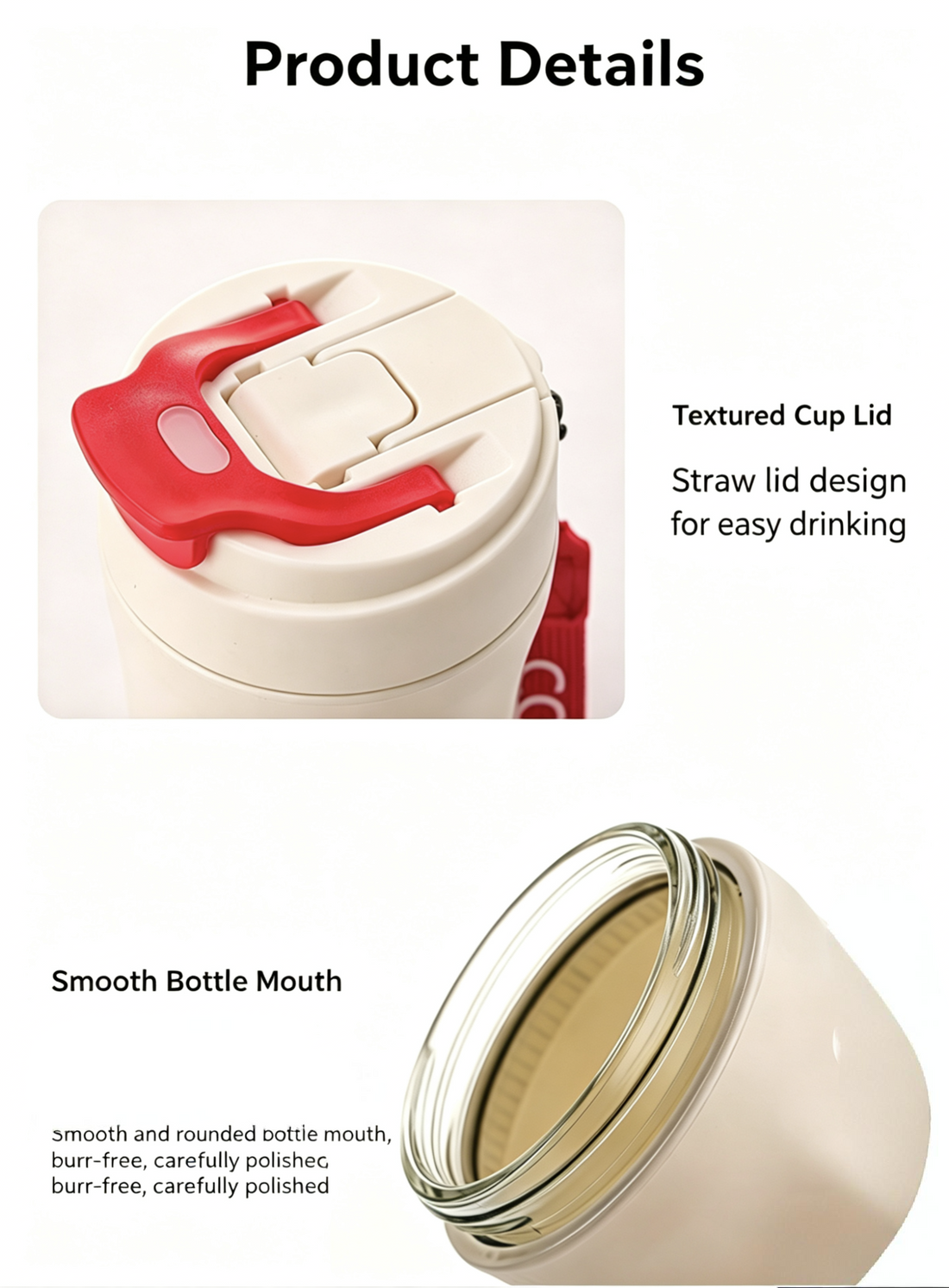 Textured cup lid with red straw design and smooth bottle mouth of a container.